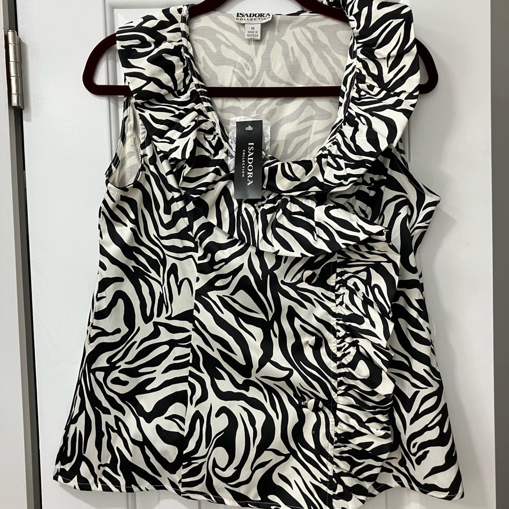 Zebra Print Ruffled Blouse - Black and White